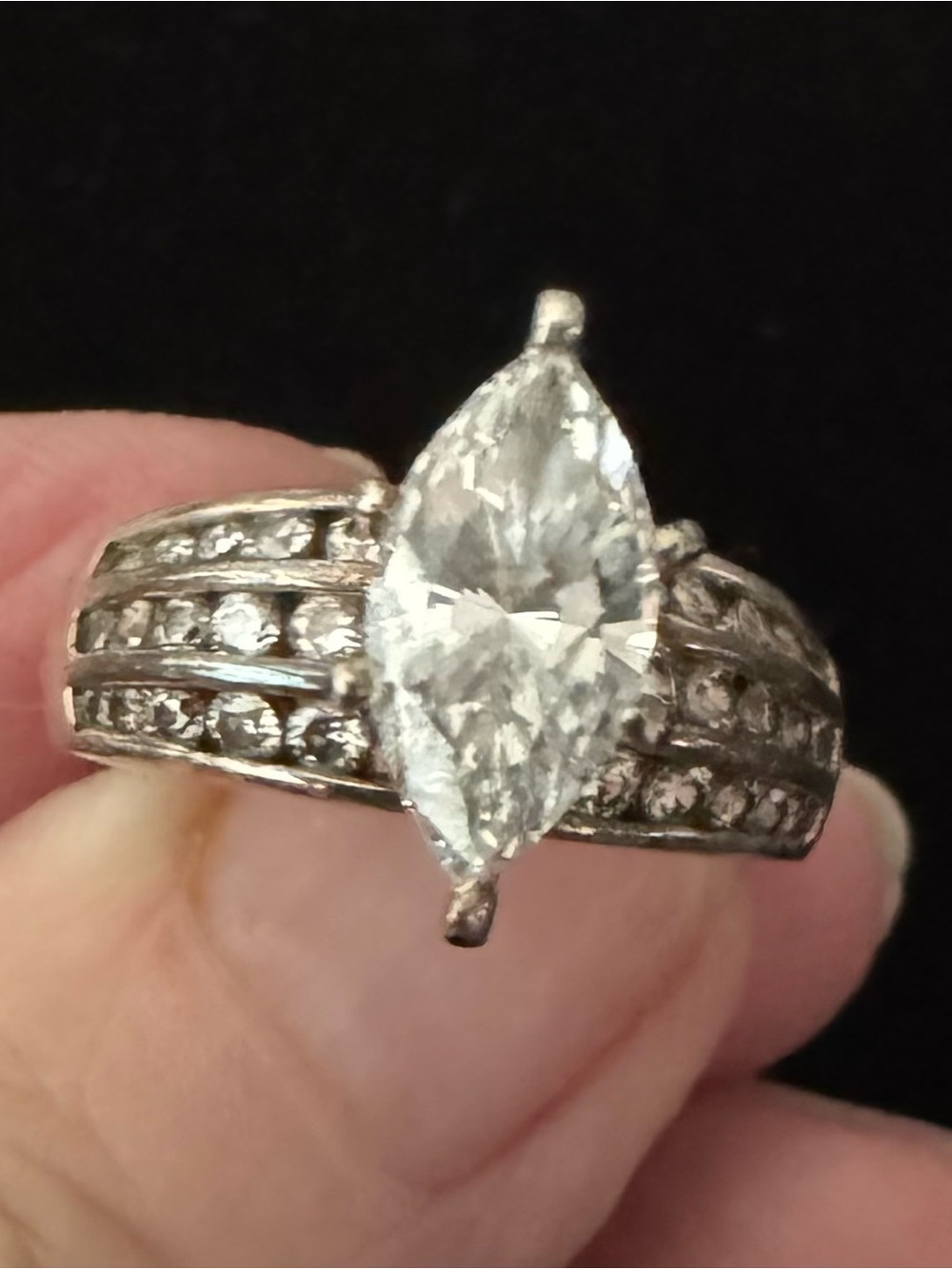 Silver Marquise-Cut Crystal Statement Ring - White